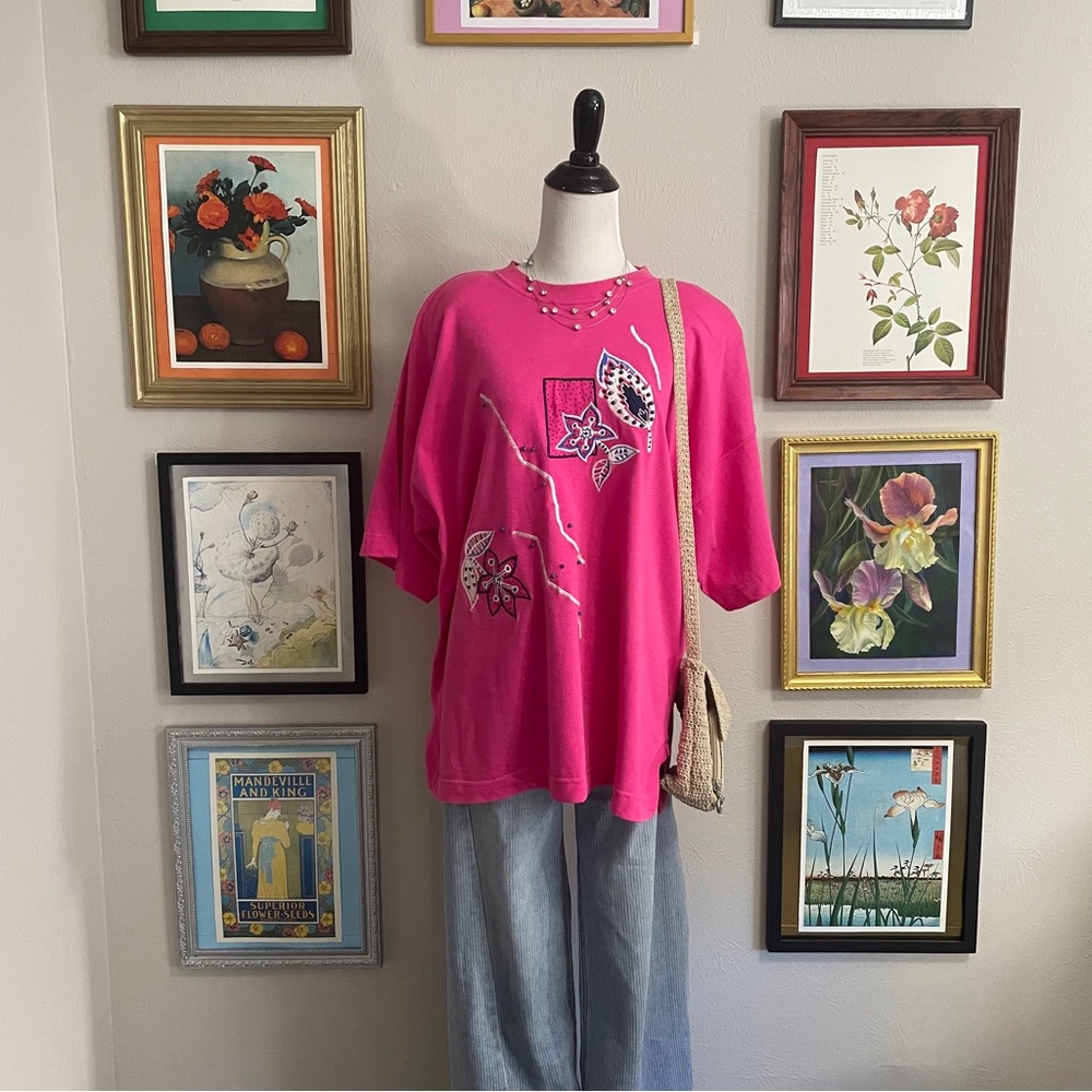 Vintage Bright Pink Floral Embroidered Women’s Top